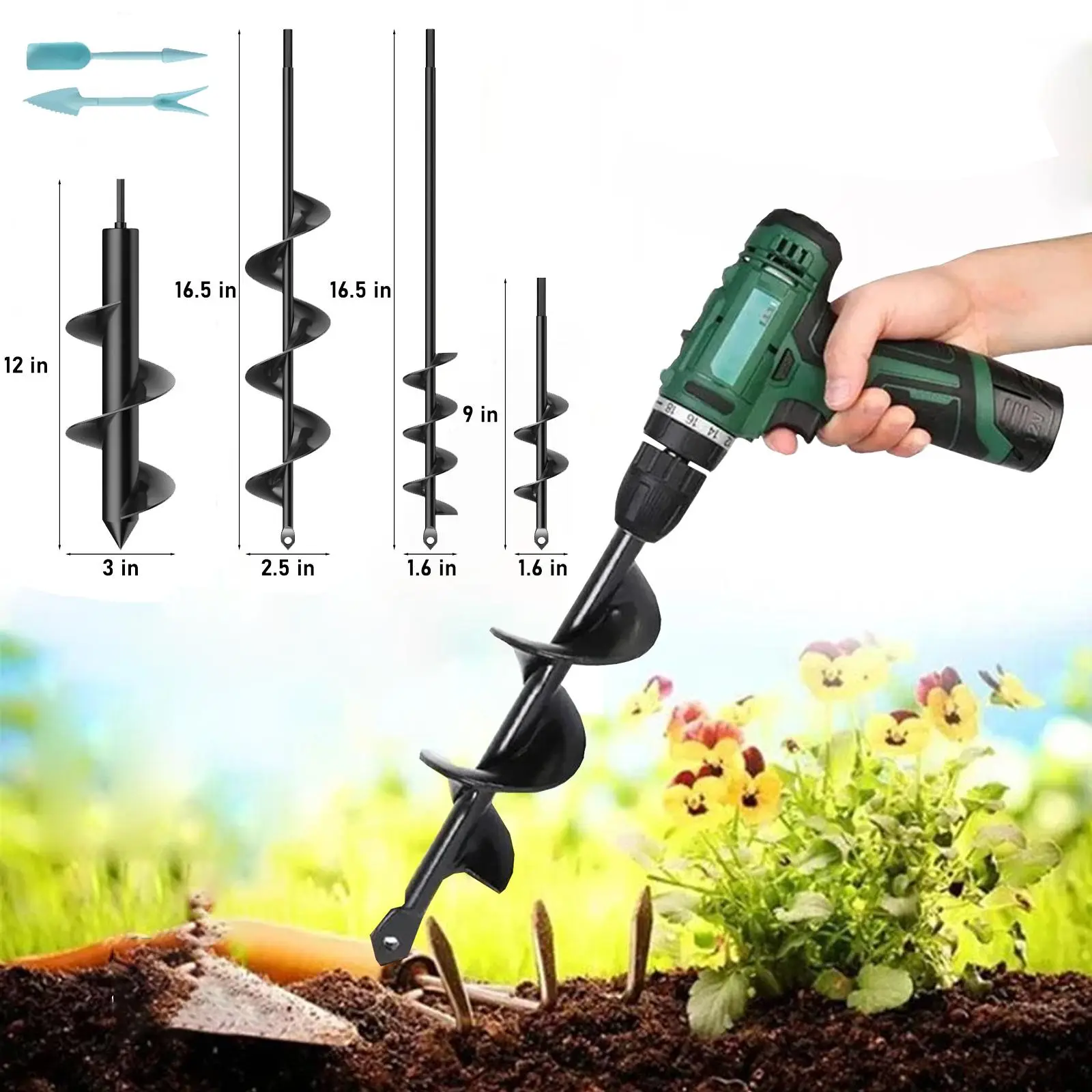 Auger drill bit Set for Garden Planting Heavy Duty Bulb plant Planter Tool 3/8 Inch Hex Shank Drill Attachment Lawn Flower Bed Soil Digging Kit Spiral