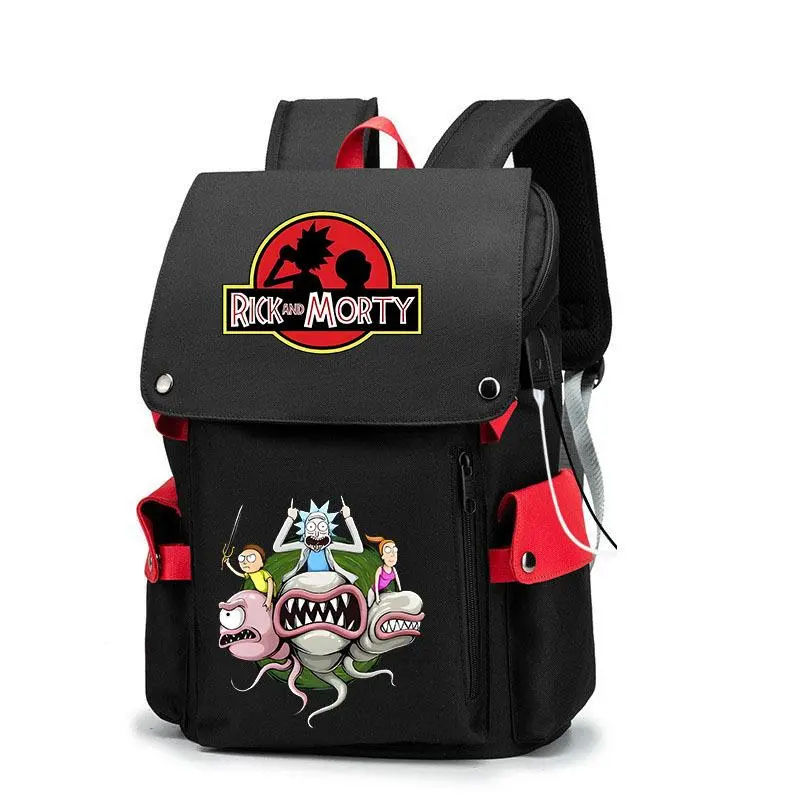 Rick And Morty Dinosaur Logo Flap Backpack, Teens Black Red Contrast Oxford Backpack With USB Charging Port