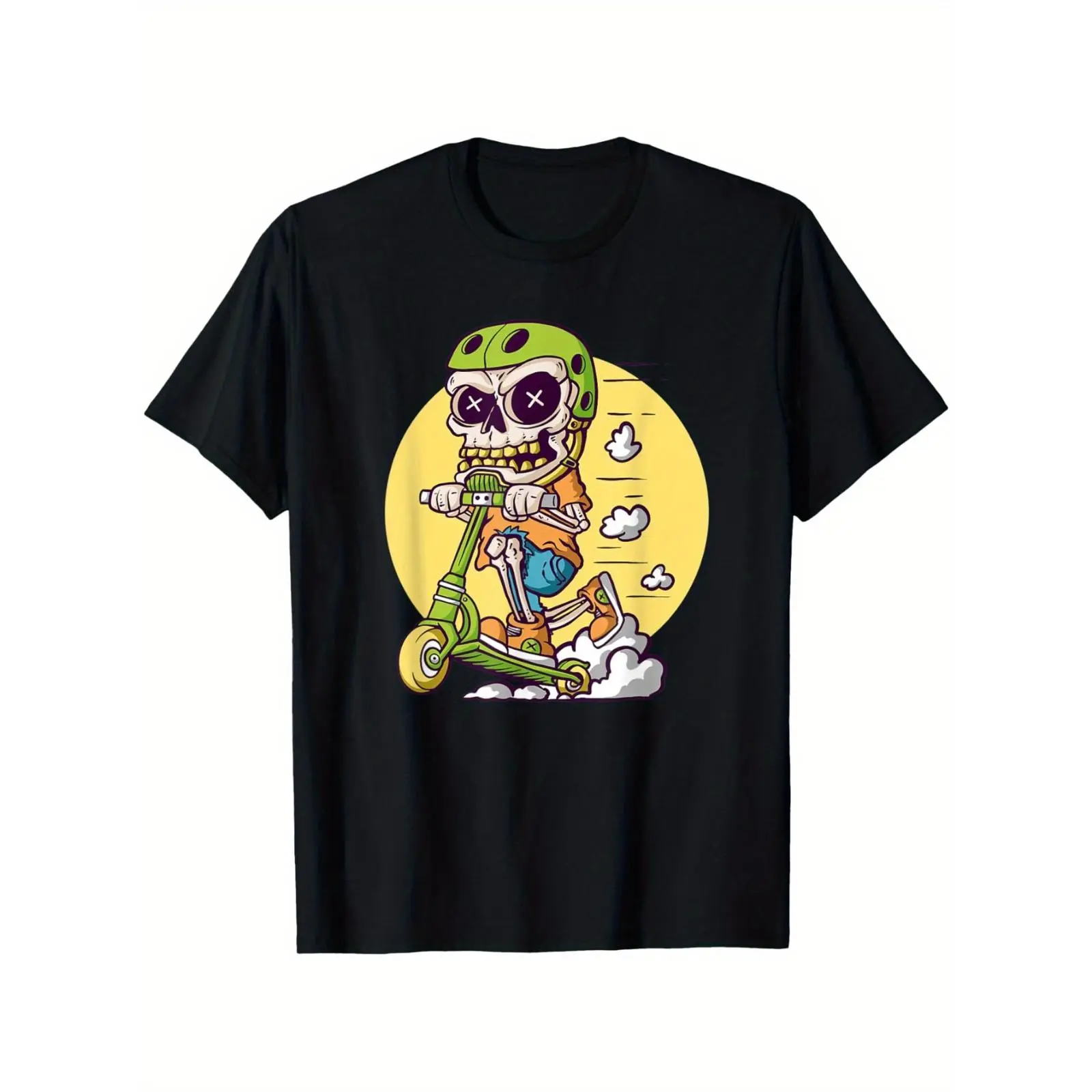[100% Cotton] Skull Stunt Scooter Print Cartoon T-Shirt Cotton Comfortable Casual Breathable Men'S Crew Neck Shirt T-Shirt For Men And Women