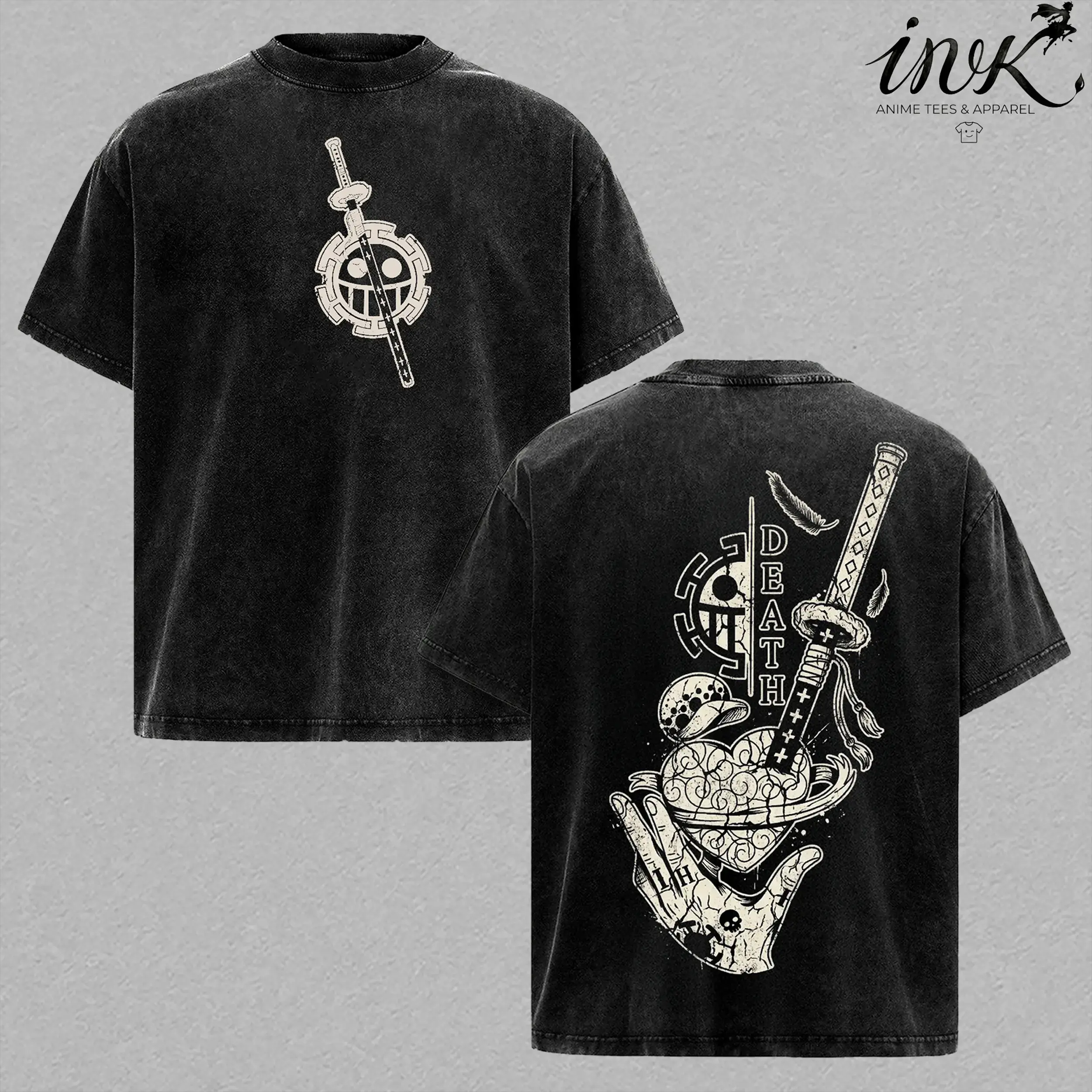 Men's Retro Aesthetic Short-Sleeve Breathable Cotton Oversized Vintage Washed T-Shirt - Unisex Menswear Crew Neck, Anime Surgeon Pirate Graphic, Heart Manga Art, Casual Streetwear Top, Gift for Anime Fans, Shortsleeve
