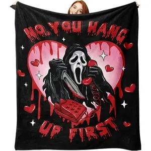 Ghost Face Horror Design Flannel Throw Blanket, Soft Black Plush Scary Movie Gift for Fans, Funny Die Hard Horror Fan Gift, Christmas Halloween Couples Gift Idea