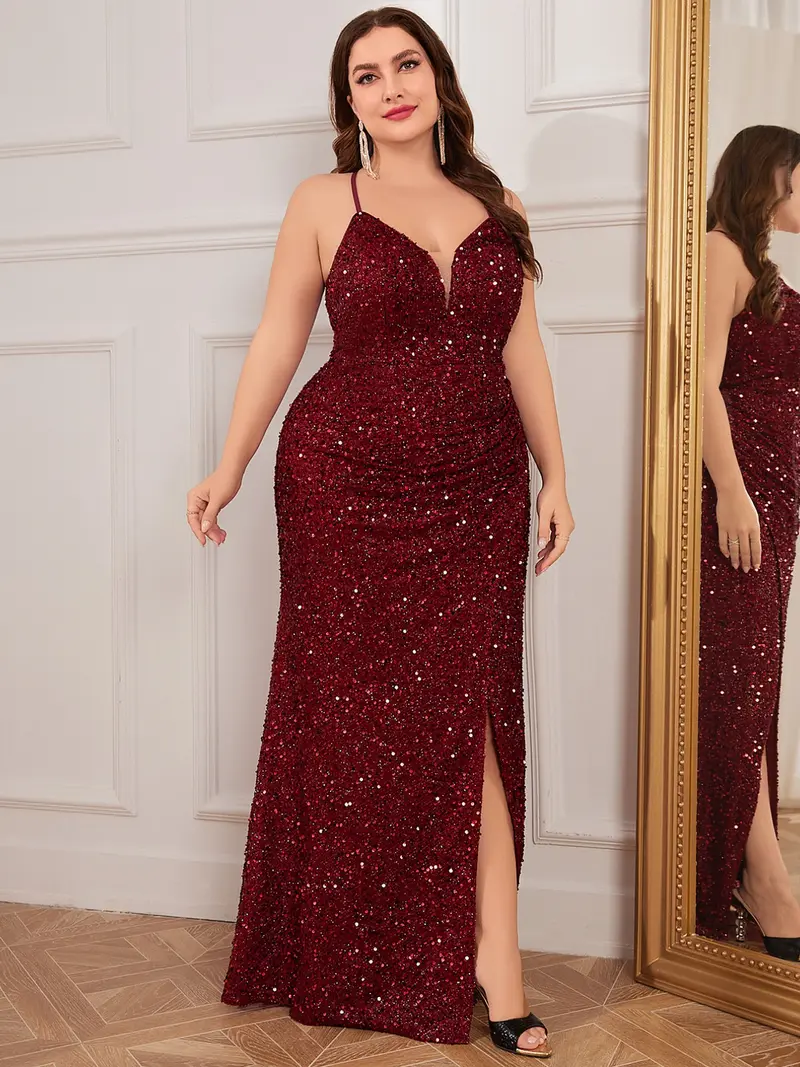 open lace back dress Plus-Size Sequin Mermaid Prom Dress CD975C Burgundy / 16