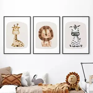 3pcs Giraffes Zebras Lions Frameless Posters Canvas Hanging Paintings Cartoon Watercolor Animal Murals Baby Children's Bedrooms Home Decoration