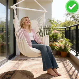 Relaxing swing chair with removable metal support bars and two seat cushions.