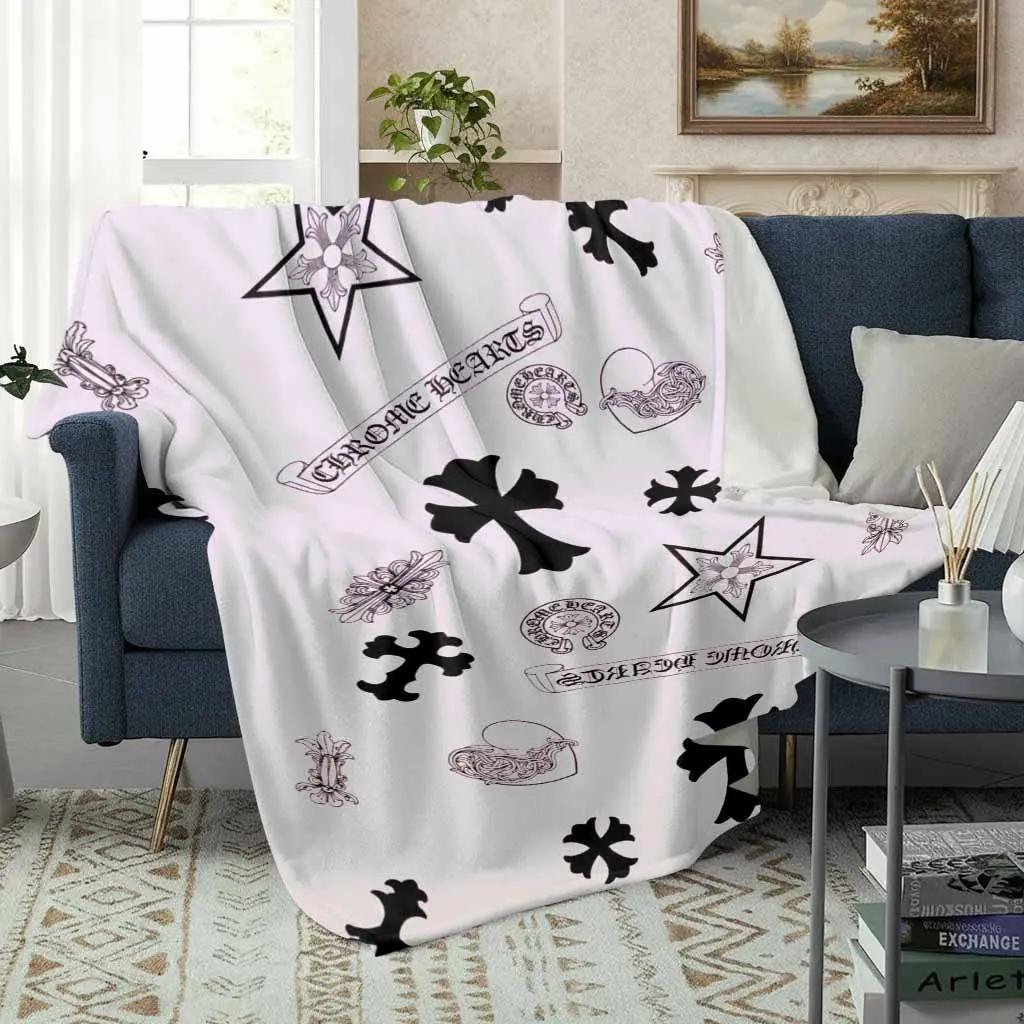 Gothic cross, star, and heart pattern printed flannel blanket, vintage dark style soft, warm, fluffy, fade-resistant plush throw, for bedroom couch and everyday decor, Halloween holiday gift blanket