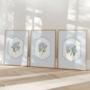 Set of 3 Pink and Blue, Green Hydrangea Print, Striped Cottagecore Poster, Coastal Granddaughter, Vintage Florals Print