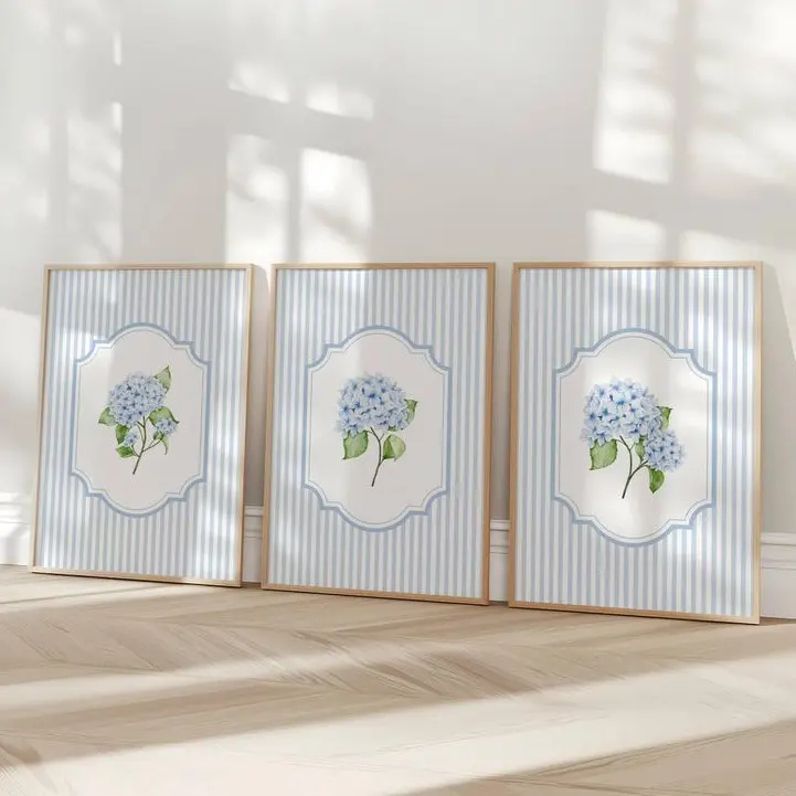 Set of 3 Pink and Blue, Green Hydrangea Print, Striped Cottagecore Poster, Coastal Granddaughter, Vintage Florals Print