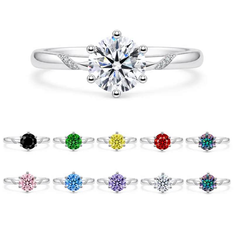 Women's Classic S925 Sterling Silver 1CT Round Moissanite Solitaire Engagement Ring - 6-Prong Pave Accent Design, Multiple Color Options, Wedding Anniversary Gift, Engagement Rings