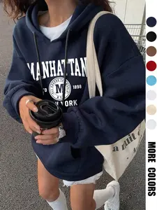 Women's casual hoodie, premium dark navy hoodie, Sweatshirts, casual and versatile, trendy and comfortable, letter pattern, Drawstring, loose and warm, Long Sleeves, simple casual style, urban perpetual motion, stylish daily home wear