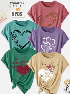 4Pcs Women's Crew Neck T-Shirts, Butterfly Heart/Gradient Butterfly/Butterfly Heart Print, Multiple Colors Available, Machine Washable, Spring & Summer Tops, Soft Skin-Friendly Fabric, Daily Versatile, Fashion Design, Womenswear