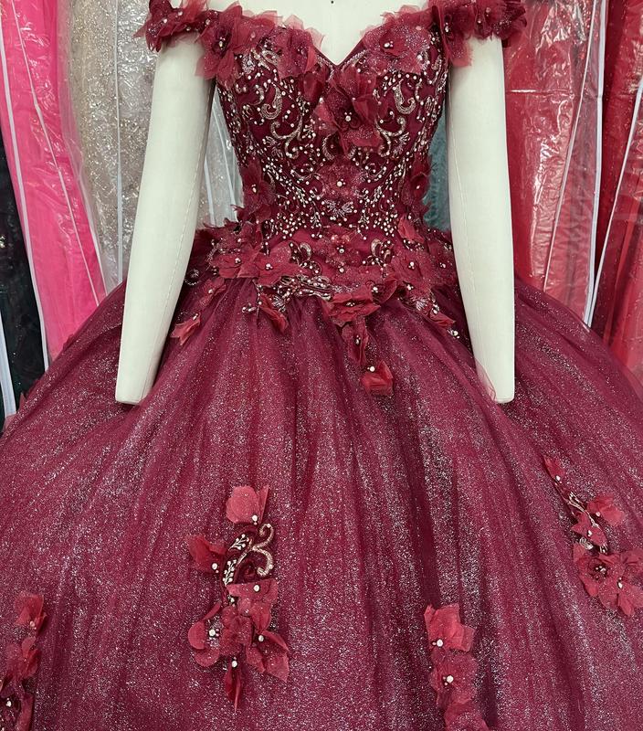 NO.34 Flowers and Metallic Lace Sparkle Tulle Quinceañera Dress schiaparelli  wedding dress white charro  dress club cocktail plus  size mini tube plain mature blue dress quince Sequins Off-Neck sequin dress Womenswear Formal party maxi