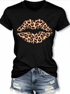 Women'S Short Sleeve T-Shirt - Black T-Shirt With Leopard Lips Printed Design, Casual Round Neck Stretchy Soft Fabric, Machine Washable, Summer Fashion Top, Trendy Attire, Statement Tee, Comfortable Fit Tee, Easter And Mother'S Day Gift, Streetwear
