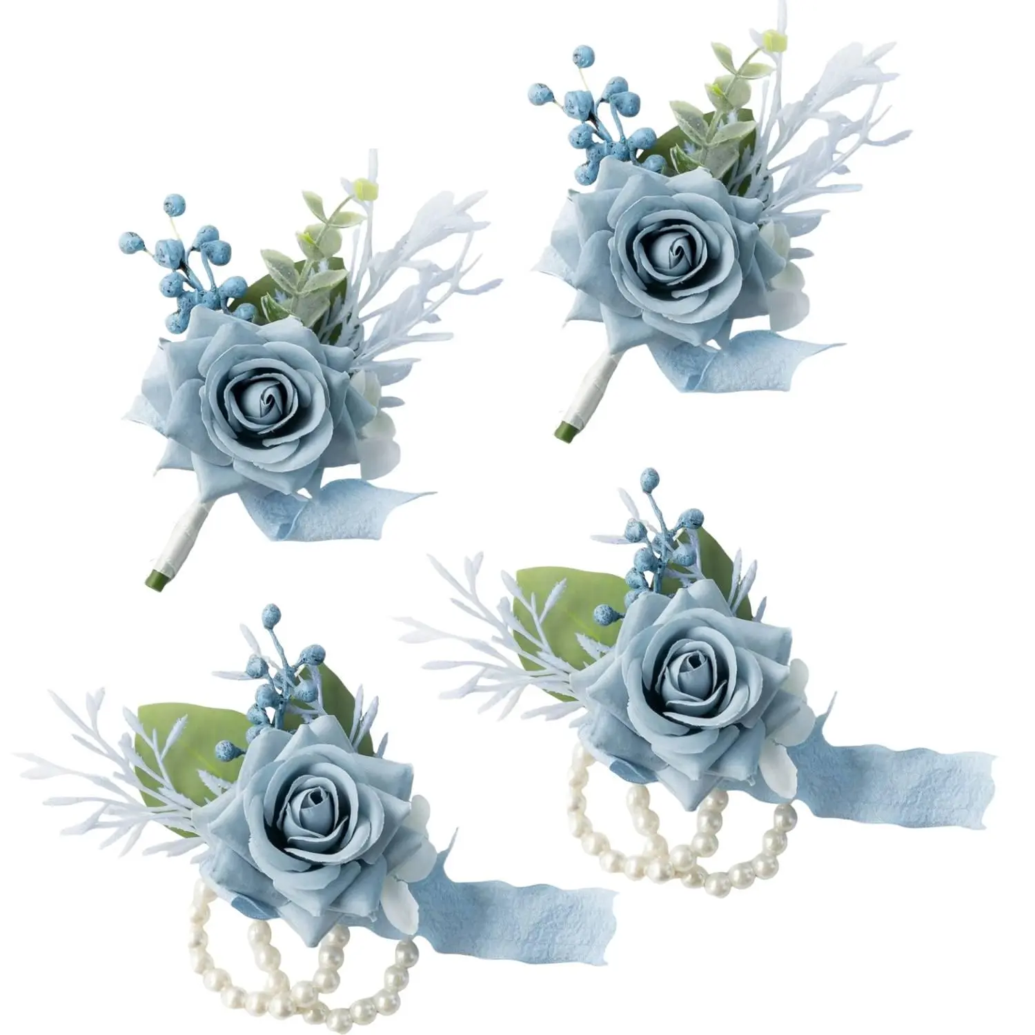 Wedding Engagement Prom Graduation Ceremony Artificial Flower Decoration Set-4Pcs, High-End Minimalist Artificial Flower Corsage and Wrist Corsage, Wedding Bride and Groom Accessories, Bridesmaid and Parent Corsage and Wrist Corsage
