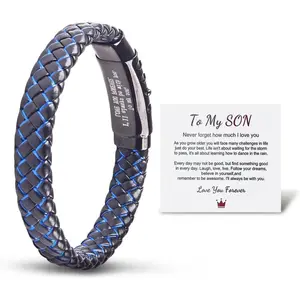 To My Son Blue Braided Leather Bracelet Love You Forever Adjustable Cuff Bangle Bracelet,Men's Stainless Braided Leather Bracelet Bangle Wristband Graduation Birthday