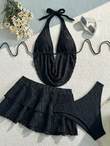 Women's Summer Ruched Textured Halter Bikini Set, Sleeveless Triangle Top, Fitted Plain Design, Sexy Vacation Beachwear, Bikini Swimsuit Set