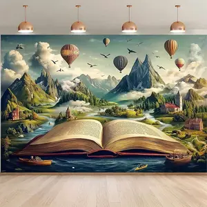 1pc 2D Flat Background Banner with Open Book, Mountain Landscape & Hot Air Balloons Design - Adventure Exploration Theme Photography Backdrop for Birthdays, Weddings, Outdoor Parties, Beach Celebra, Adventure Theme, Photo Backdrops