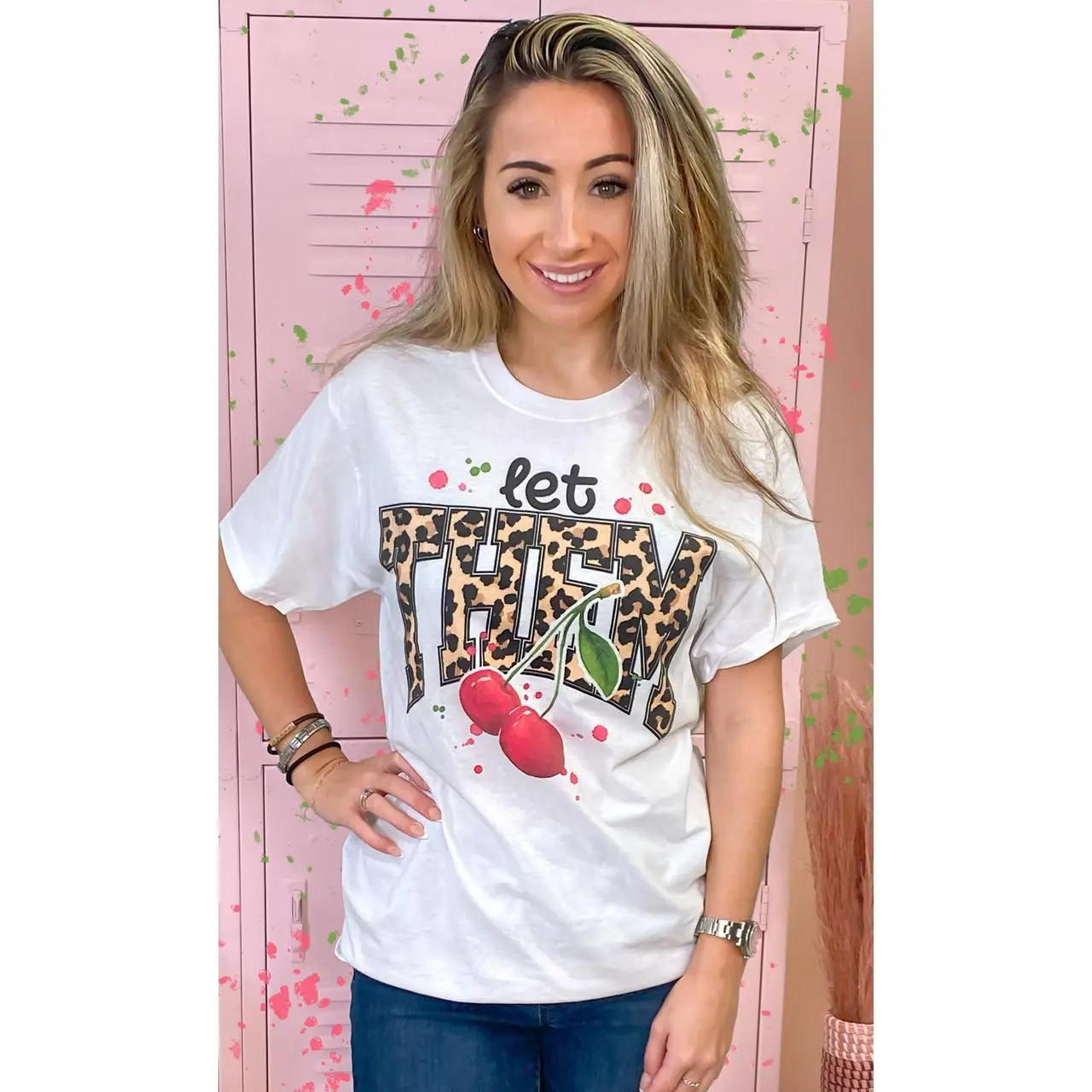 Tees2urdoor Women's Round Neck Short-Sleeve Cotton T-Shirt Top - Colorful Basic Casual Fits, Cherry Graphic, Leopard Print, Everyday Streetwear Womenswear, Tshirt