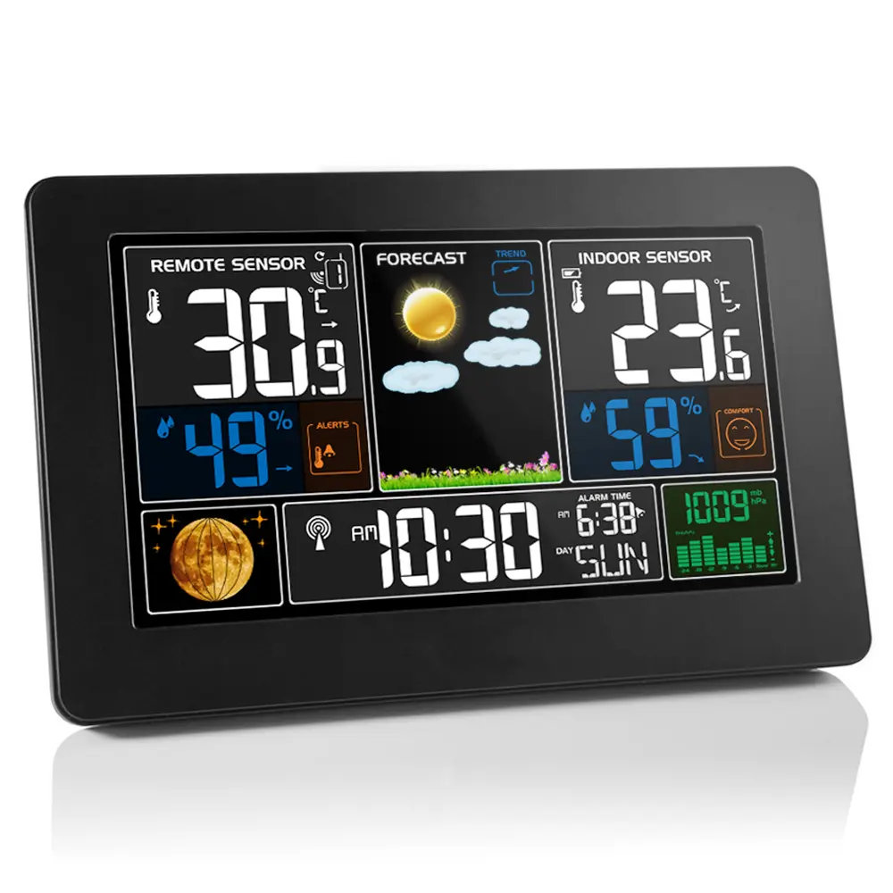 Digital Color Weather Station Indoor Outdoor Wireless Thermometer Barometer Atomic Clock with Backlight DCF/WWVB Radio-Controlled Time Calibration 7 Languages Display 12/24-Hour Format
