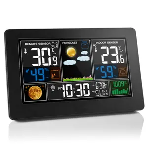 Digital Color Weather Station Indoor Outdoor Wireless Thermometer Barometer Atomic Clock with Backlight DCF/WWVB Radio-Controlled Time Calibration 7 Languages Display 12/24-Hour Format