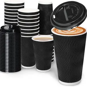 Daily life 16oz Coffee  with Lids, 100 Pack Insulated Ripple Paper , Disposable Coffee  for Water, Juice, Coffee Home Black, FathersDayGift, with 100 Pcs Disposable Straws cup