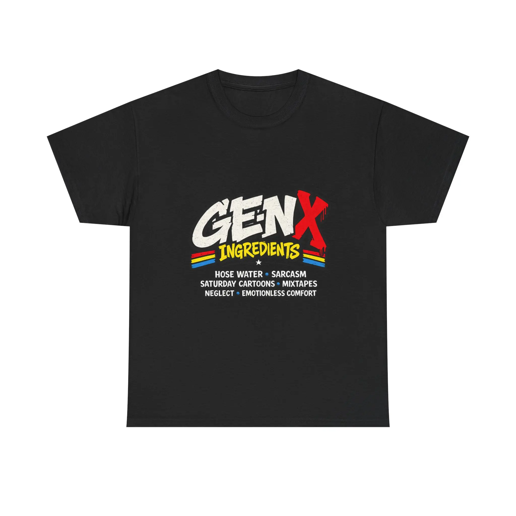 Men's Unisex Heavy Cotton Short-Sleeve T-Shirt - Gen X Ingredients Front & Back Graphic, 80s Graffiti, Vintage Humor Tops - Casual Classic Day Wear, Shortsleeve, Fashion, Menswear, Print, Birthday, Round Neck, All Seasons, Unisex Fit, Cold Wash, Vibrant P