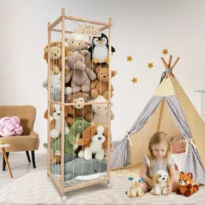 Stuffed Animal Storage Zoo with Wheels 63'' Tall Large Wooden Plushies Holder Plush Toy Organizer with Elastic Band and Net for Toddlers Playroom Bedroom