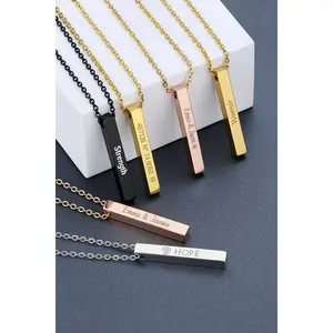 Personalized Vertical 3D Bar Necklace Solid Stainless Steel Pendant with Precision Laser Engraving Minimalist Meaningful Jewelry for Women Four Sides for Names Dates or Words