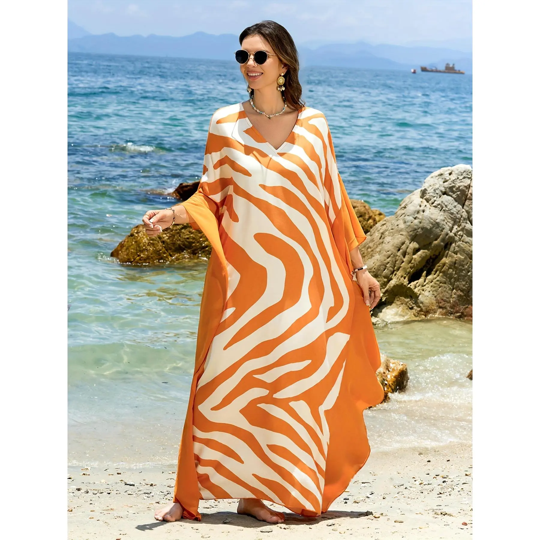 Women's Modest Striped V-Neck Polyester Kaftan Dress - Orange, White & Turquoise, Free Size Beach Cover-Up for Islamic Fashion Enthusiasts, Elegant, One-Size