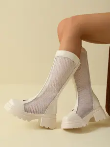2026 New Arrival Breathable Mesh Platform Boots, Women's Chunky Heel Back Zipper Knee-High Boots for Summer