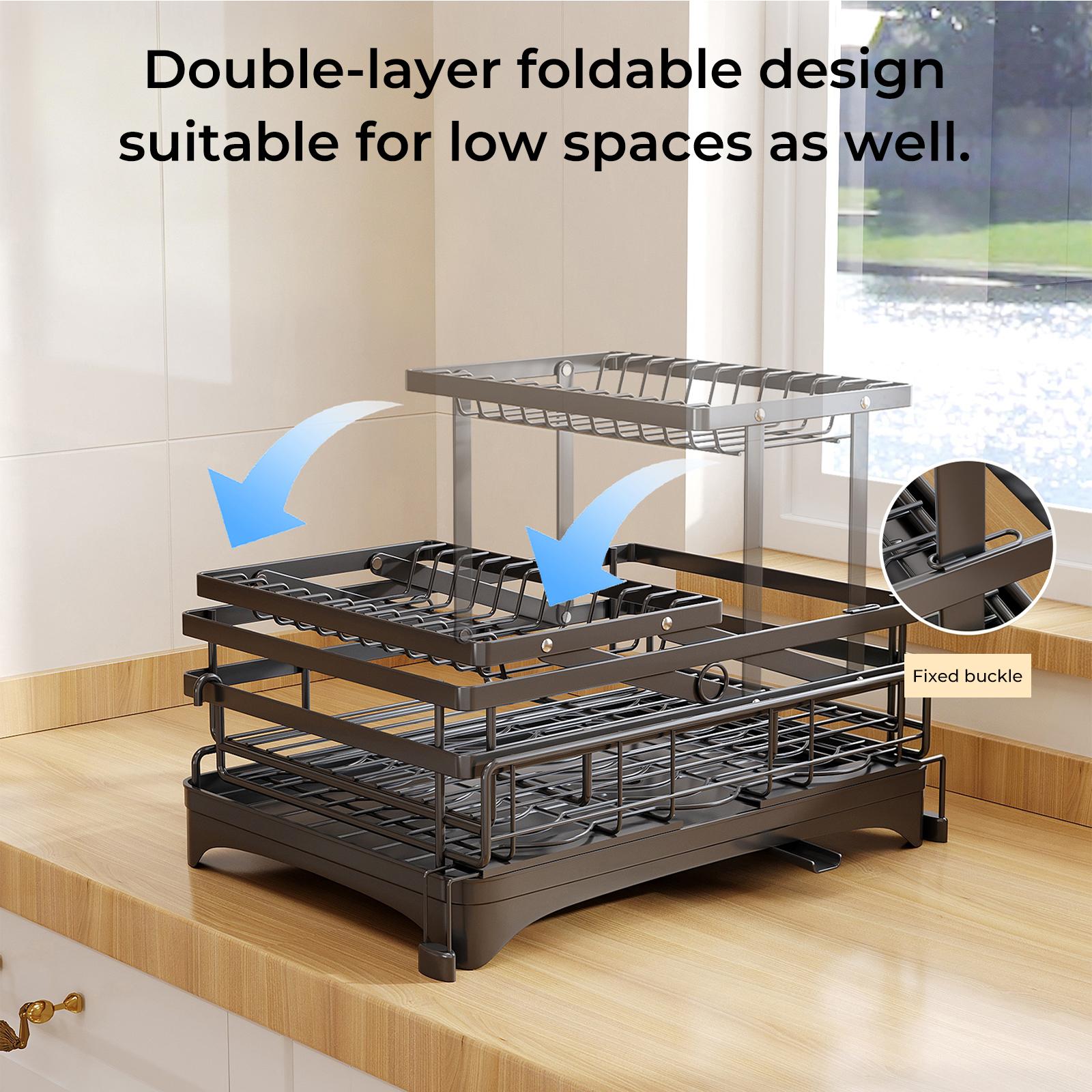 Foldable 2-Tier Dish Drying Rack with ABS & Carbon Steel Construction, Expandable Kitchen Counter Organizer with Drainboard, No More Wet Counter, Space Saving Storage for Dishes & Utensils