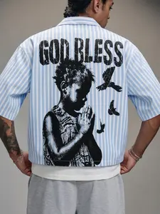 Men's Blue White Striped Oversized Camp Collar Shirt, Back Print "God Bless" Praying Boy Graphic, Streetwear Casual Short Sleeve Top For Daily Wear Summer