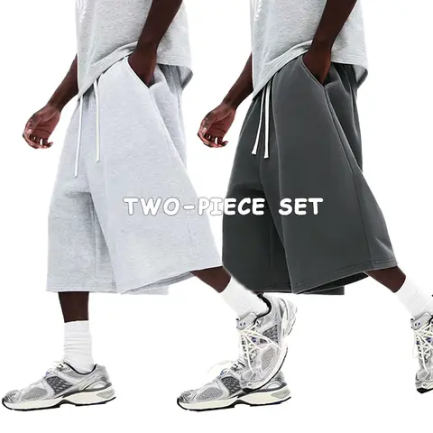 Men's 2-Piece Comfy Menswear Set - Plain, Loose-Fit, Mid-Length Straight-Leg Elastic Drawstring Lightweight Casual Shorts for Commuting, Outdoor Activities