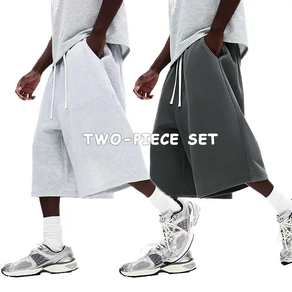Men's 2-Piece Comfy Menswear Set - Plain, Loose-Fit, Mid-Length Straight-Leg Elastic Drawstring Lightweight Casual Shorts for Commuting, Outdoor Activities