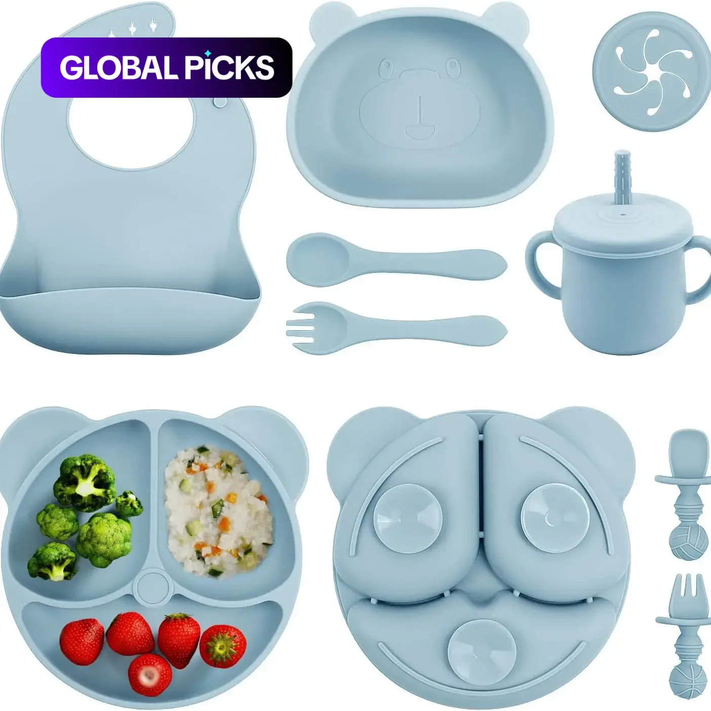 1 Set Solid Color Cartoon Silicone Baby Feeding Set with Bib, BPA-Free Trays, Baby Feeding Feeding Accessories, Drinking & Feeding Supplies #GLOBAL PICKS