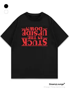 Stranger Things Upside Down Parody Print Short Sleeve, Casual Fitted Graphic Tee, Perfect for Daily Home Wear or Outdoors