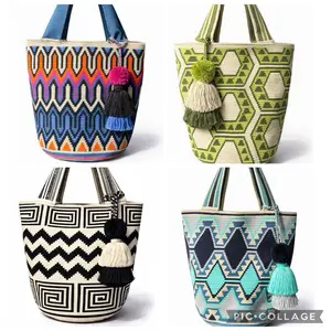 XL Wayuu Mochilón Tote  Artisan Handmade 13 H x 14 L x 4 W Geometric Design Durable Cotton Thread Open Top Boho Tassel