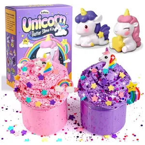 Valentine Day Gift 2 Pack Butter Slime Kit for Kids with Glitter, Unicorn Figurines, Rainbow & Star Accessories – DIY Slime Toy Gift for Girls & Boys