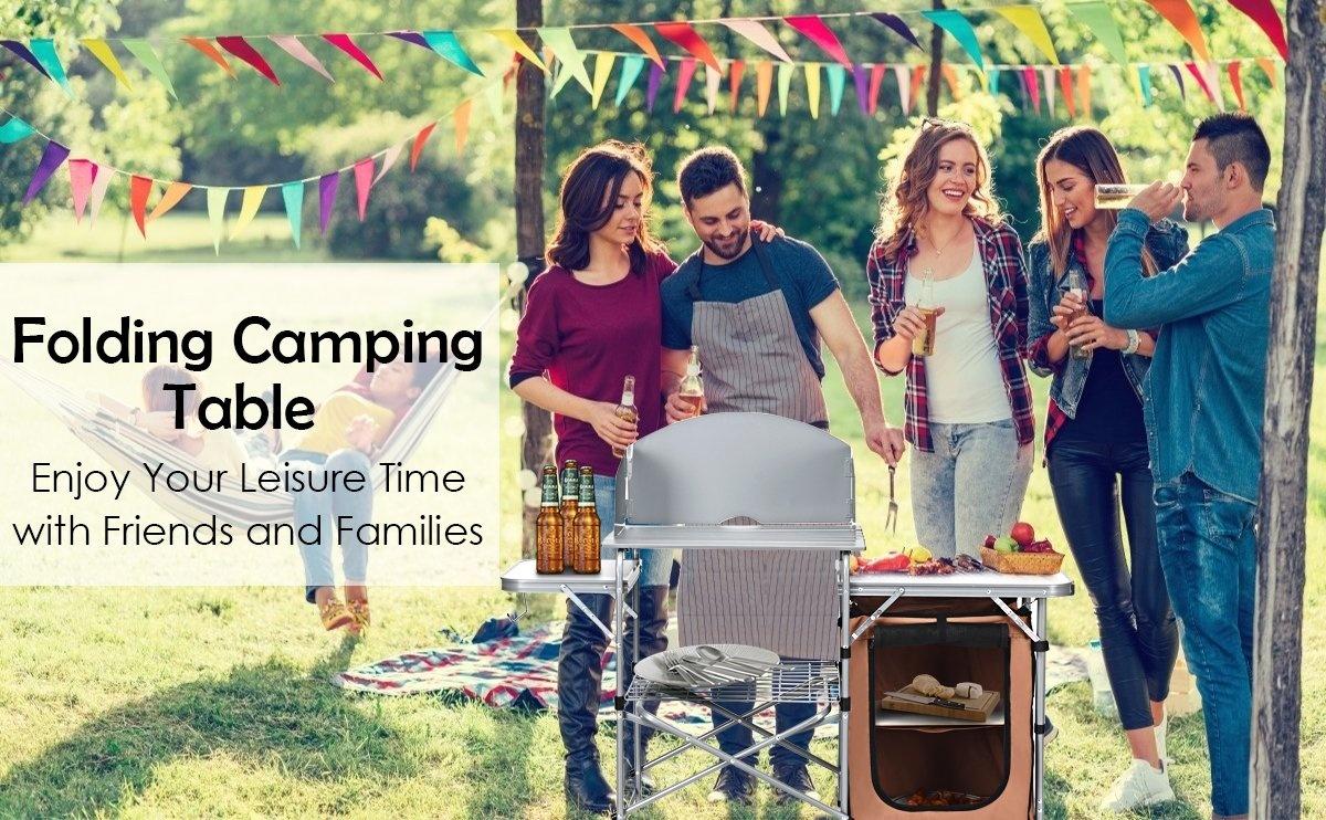 Camping Kitchen Table Quick Set-Up Folding MDF Table with Steel Frame & Aluminum Top Ideal for BBQs Picnics RV Traveling Lightweight 21 lbs