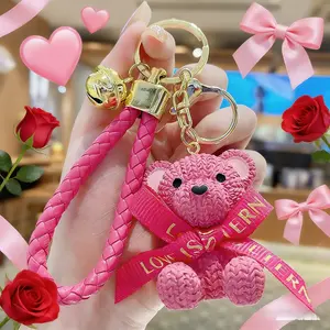 Cute 3D Teddy Bear Keychain with Bell and Woven Strap, Perfect Gift for Women Girls, Valentine's Day/birthday Present, Adorable Animal Accessory