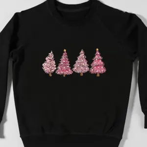 Embroidery Christmas Trees Sweater, Embroidered Pink Christmas Sweater, Christmas Embroidery Sweater, Ugly Christmas Sweater, Pink Trees