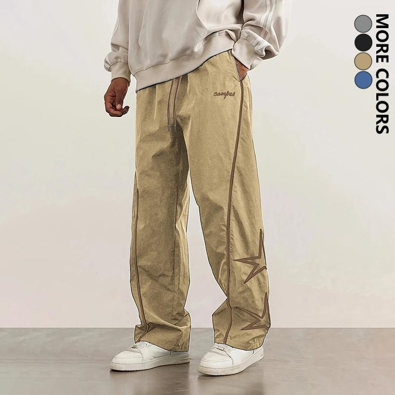 Men's Fashion Casual Pants, Street Retro Star Embroidered Straight-Leg Pants, Polyester Fabric, All-Season Versatile Trendy Hip-Hop Track Pants