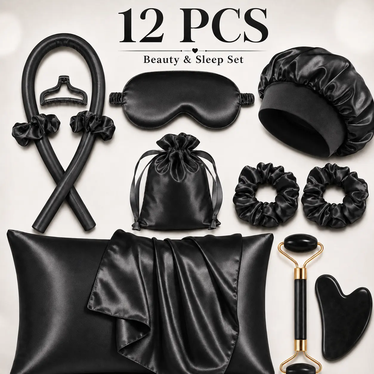 Girls' 12-Piece Satin Sleep & Beauty Kit - No-Heat Overnight Hair Roller, Satin Pillowcase, Eye Mask, Face Roller - Damage-Free Big Waves Styling, Soft Haircare Set, Ideal Self-Care Gift for Christmas, Valentine's Day