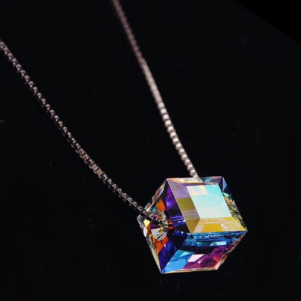 Silver Necklace, Aurora Sugar Cube Crystal Pendant Necklace, Exquisite Pendant Necklace, Lovely Everyday Necklace for Engaged and Married Women Crystals Cube Pendant for Women Unique Jewelry withChristmas Valentines Mothers Day for Her