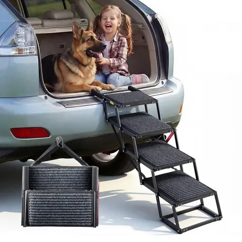 VEVOR 4-Step Sturdy Steel Frame Dog Stairs, Extra Wide Foldable Outdoor Pet Accessory with Non-Slip Rug Surface, Easy to Carry & Store, 200 lbs Capacity Black Model for Comfortable Stair Access to Car, High Bed