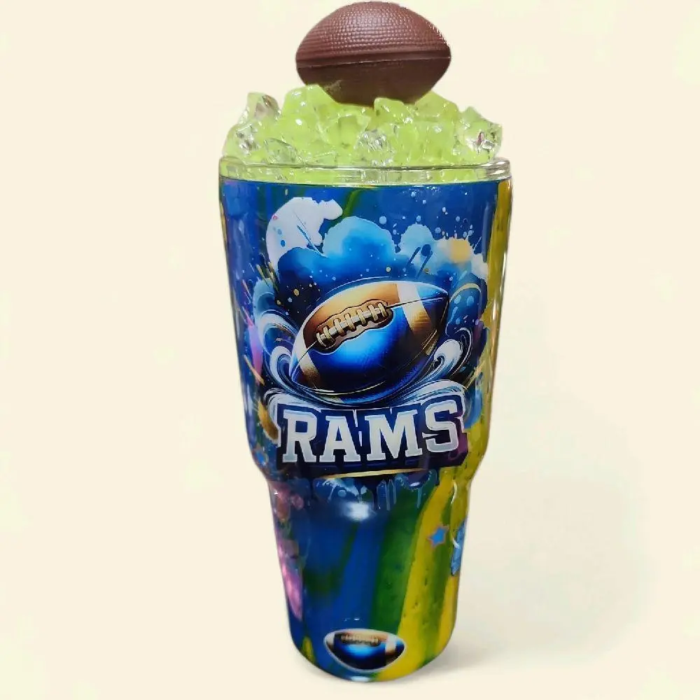 Rams Football Tumbler with Ice and Football Design Drinkware Water Bottles Reusable Portable