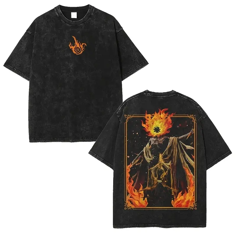 Elden Ring Malenia Lord of Frenzied Flame Menswear Oversized Unisex Round Neck Short-Sleeve Distressed Acid Washed Lightweight Festive T-Shirt