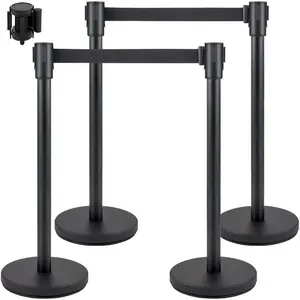 VEVOR Crowd Control Stanchion Set, Stanchion Set with 6.6 ft/2 m Black Retractable Belt, Black Crowd Control Barrier w/Concrete and Metal Base - Easy Connect Assembly (4)