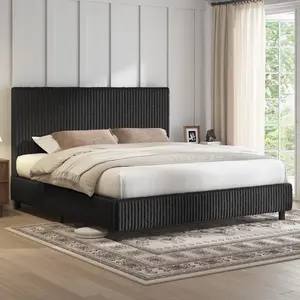 [Summergarden][Fathersdaygift] AMERLIFE Upholstered Bed Frame with 3.5" Thick Gap-Free Headboard, Corduroy Platform Bed, Fully Padded, Metal Frame with Strong Slats, No Box Spring Needed