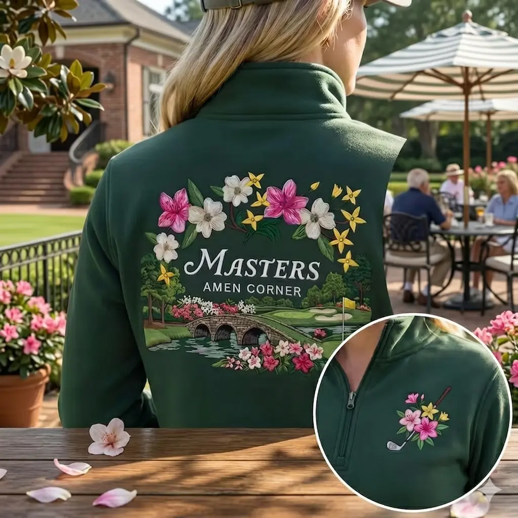 Embroidered Masters Amen Corner Floral Quarter Zip Sweatshirt, Golf Embroidered Sweatshirt, Golf Tournament Apparel, Golf Tradition Shirt