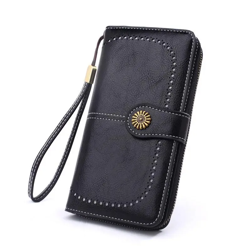 Women's Vintage Chic Clutch Wristlet - Scuff-Resist PU Leather Long Wallet with Cutouts, RFID Blocking Organizer, Soft Strap for Solo Carry